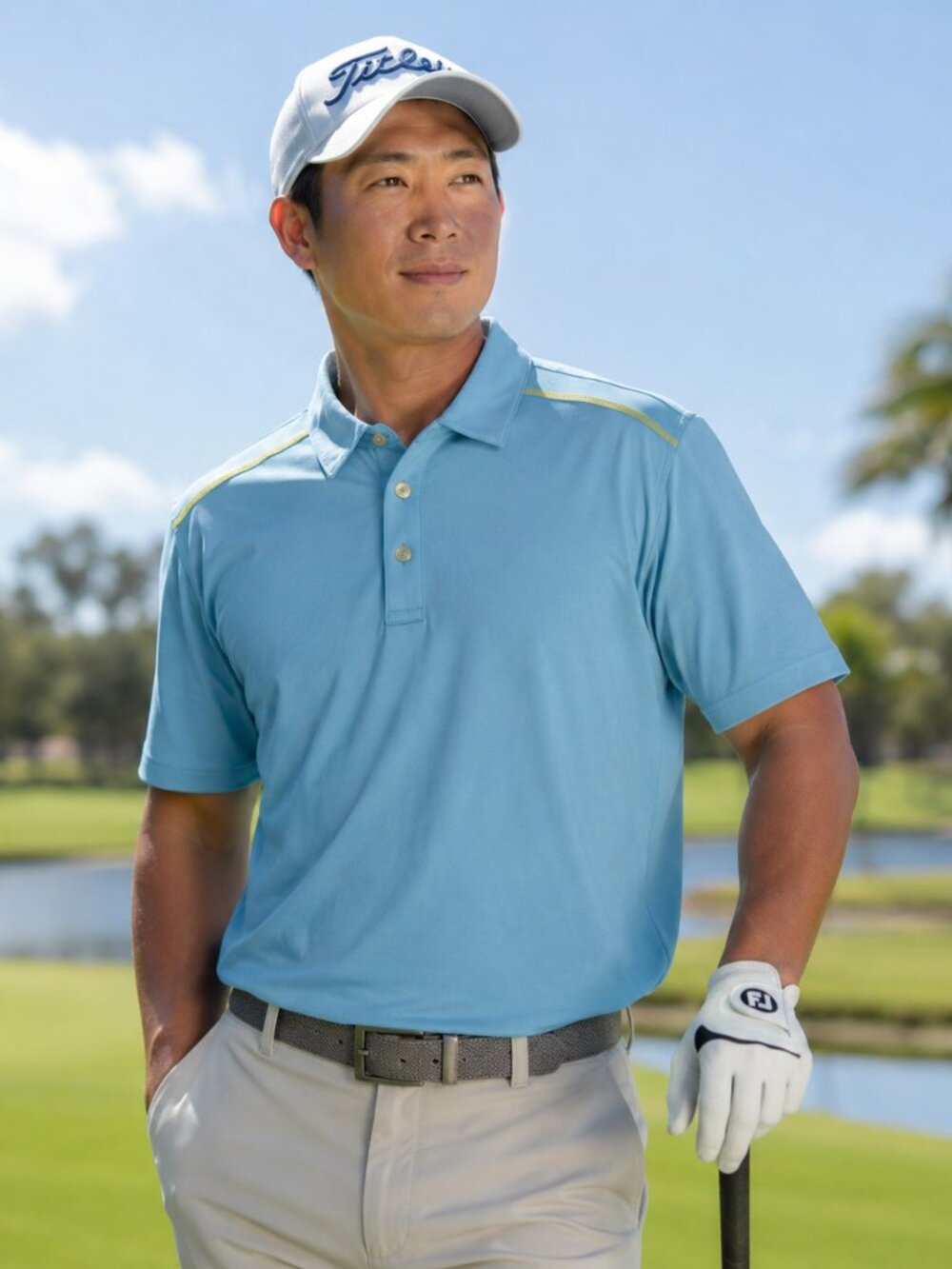 Bolle Men's Large Teal w/Yellow Stitch Golf Performance Polo Shirt